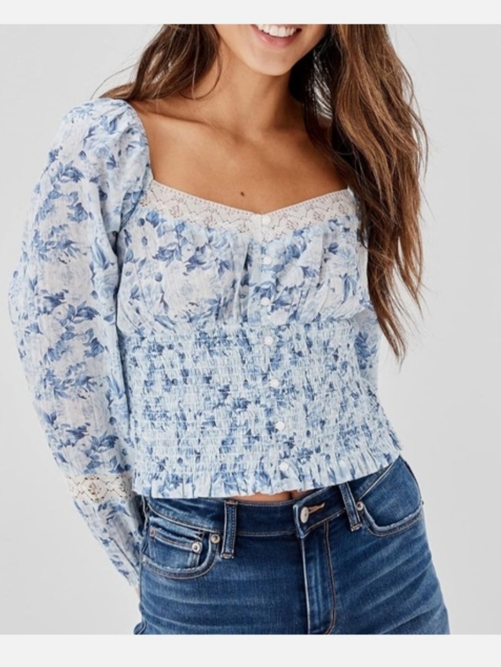 American Eagle Blue Floral Boho Smocked Waist Lace Trim Peasant Blouse Large